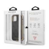 iPhone 12 / 12 Pro Case Hülle - Guess Leinwand Kunstleder Monogramm goldenen Metall-Logo mit Charm Anhänger - Schwarz / gold