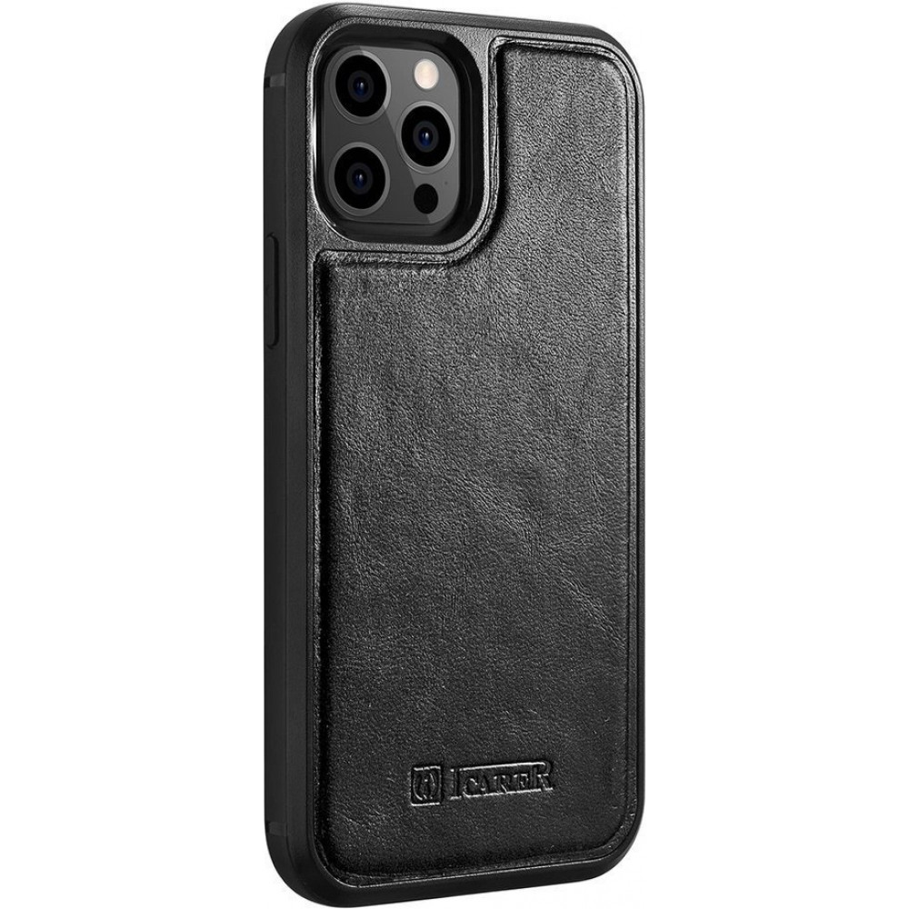 Coque iPhone 12 Pro Max - ICARER cuir v&eacute;ritable Oil Wax Premium - Noir
