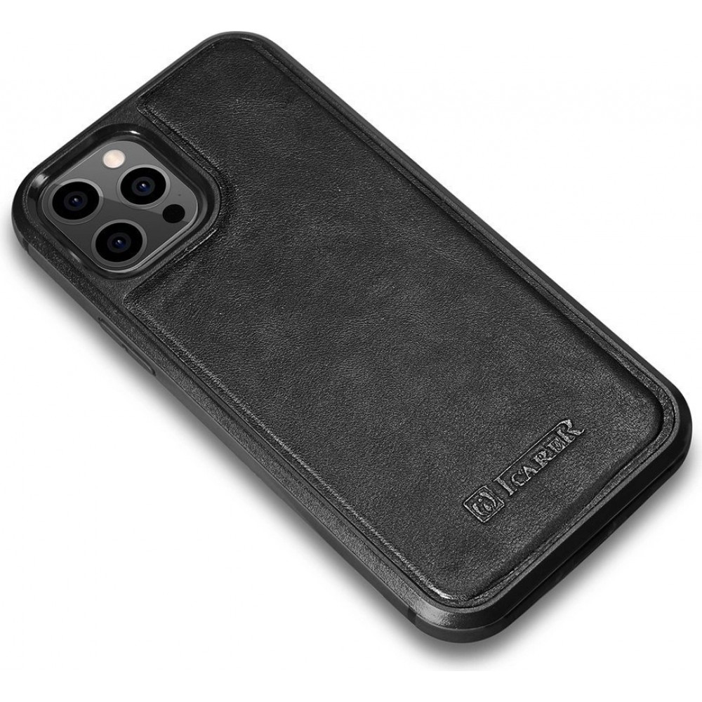 Coque iPhone 12 Pro Max - ICARER cuir v&eacute;ritable Oil Wax Premium - Noir