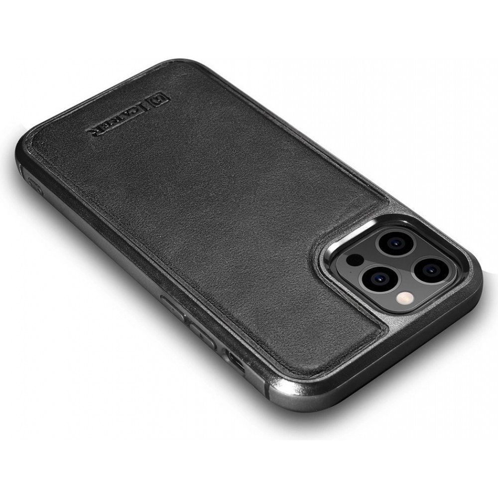 Coque iPhone 12 Pro Max - ICARER cuir v&eacute;ritable Oil Wax Premium - Noir