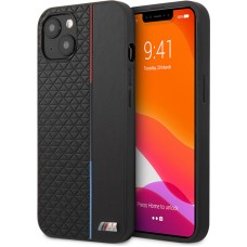 iPhone 13 Case Hülle - BMW Kunstleder mit geprägter dreifarbiger Linie und geprägtem Metall-Logo - Schwarz