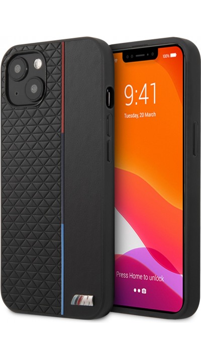 iPhone 13 Case Hülle - BMW Kunstleder mit geprägter dreifarbiger Linie und geprägtem Metall-Logo - Schwarz
