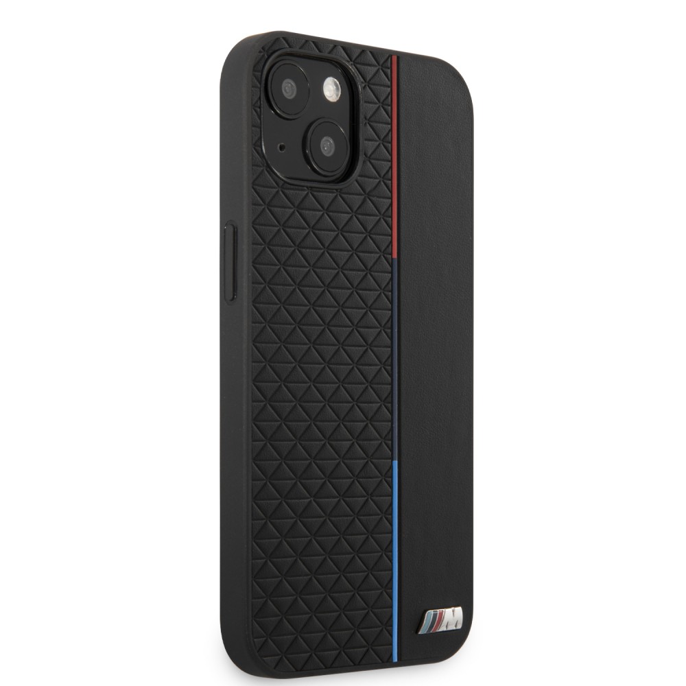 iPhone 13 Case Hülle - BMW Kunstleder mit geprägter dreifarbiger Linie und geprägtem Metall-Logo - Schwarz