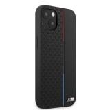 iPhone 13 Case Hülle - BMW Kunstleder mit geprägter dreifarbiger Linie und geprägtem Metall-Logo - Schwarz