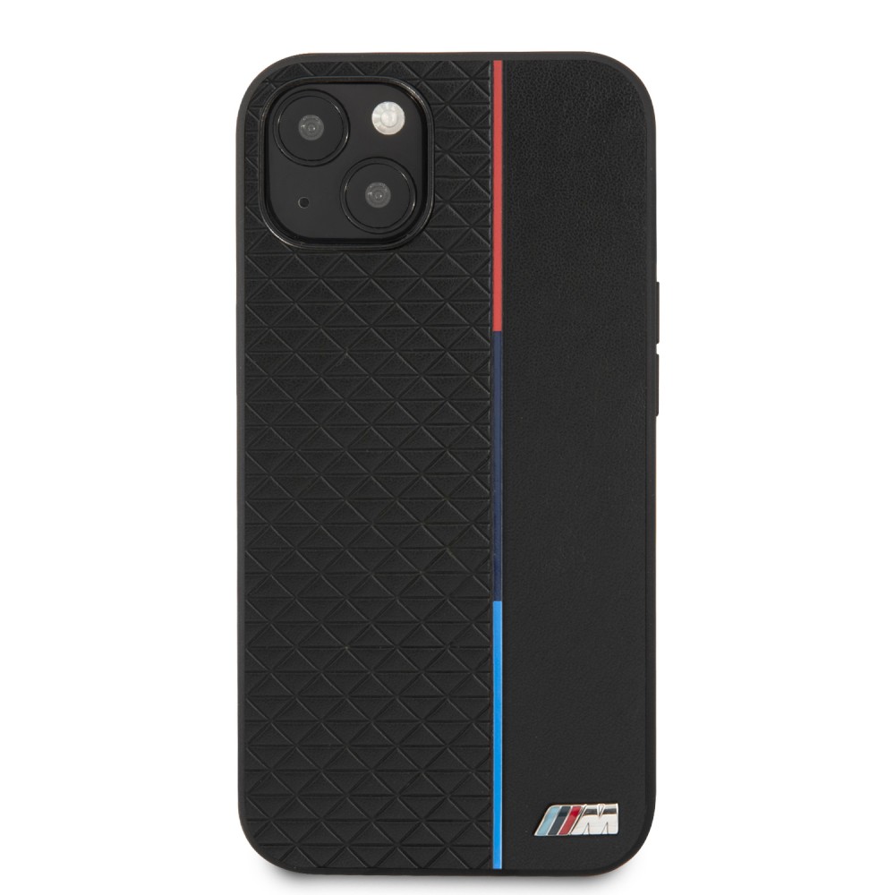 iPhone 13 Case Hülle - BMW Kunstleder mit geprägter dreifarbiger Linie und geprägtem Metall-Logo - Schwarz