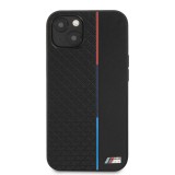 iPhone 13 Case Hülle - BMW Kunstleder mit geprägter dreifarbiger Linie und geprägtem Metall-Logo - Schwarz