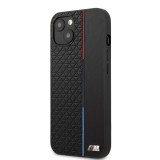 iPhone 13 Case Hülle - BMW Kunstleder mit geprägter dreifarbiger Linie und geprägtem Metall-Logo - Schwarz