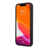 iPhone 13 Case Hülle - BMW Kunstleder mit geprägter dreifarbiger Linie und geprägtem Metall-Logo - Schwarz