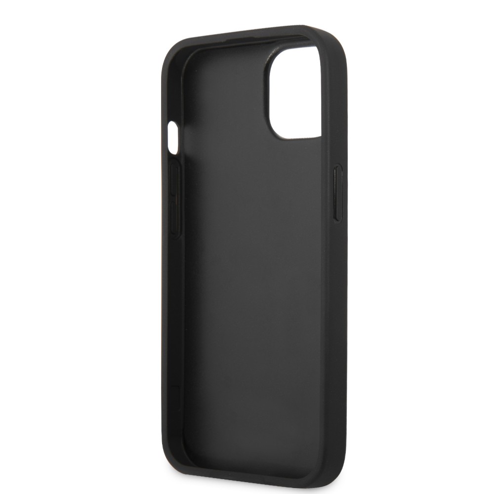 iPhone 13 Case Hülle - BMW Kunstleder mit geprägter dreifarbiger Linie und geprägtem Metall-Logo - Schwarz