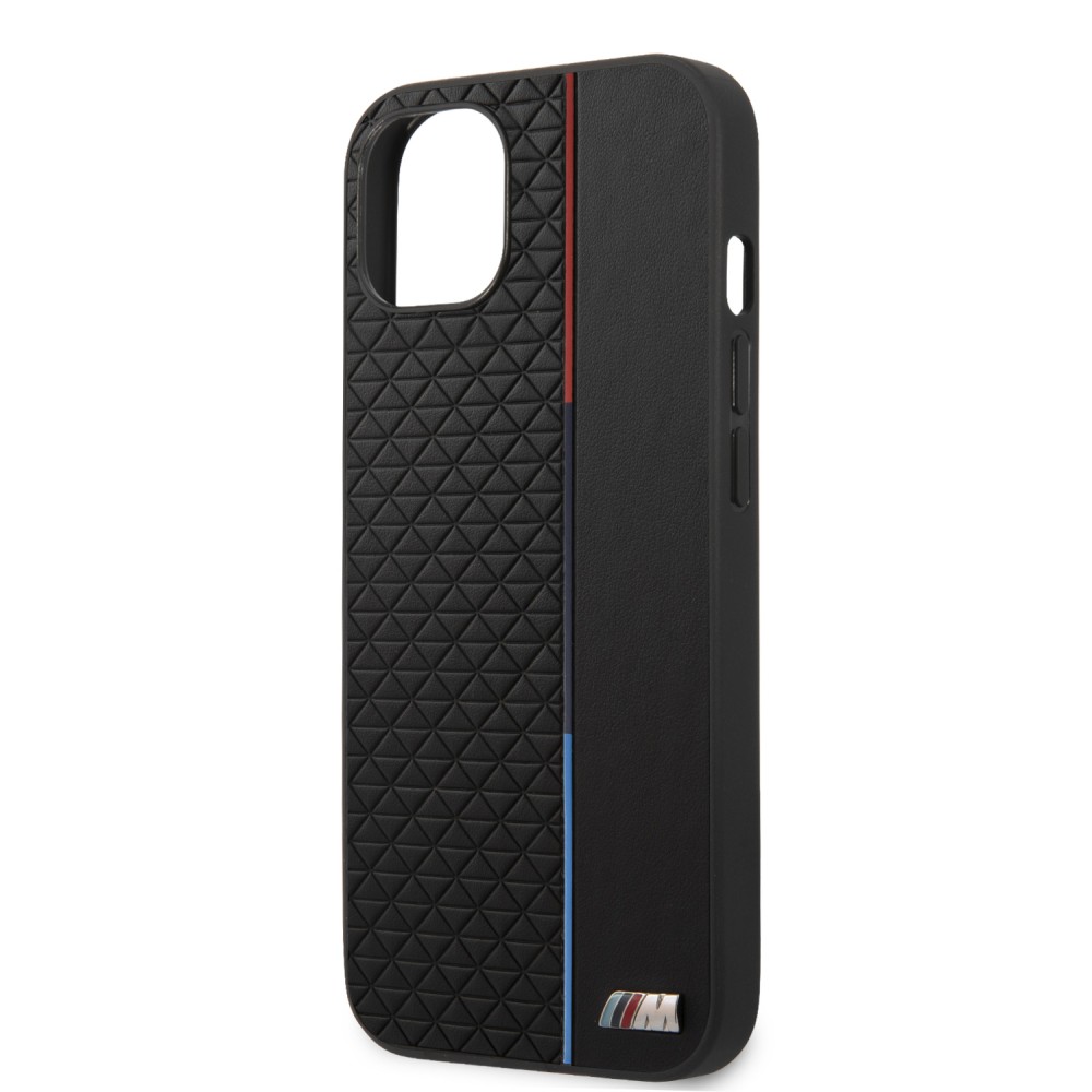 iPhone 13 Case Hülle - BMW Kunstleder mit geprägter dreifarbiger Linie und geprägtem Metall-Logo - Schwarz