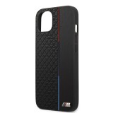 iPhone 13 Case Hülle - BMW Kunstleder mit geprägter dreifarbiger Linie und geprägtem Metall-Logo - Schwarz