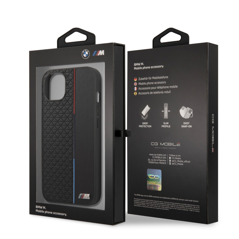 iPhone 13 Case Hülle - BMW Kunstleder mit geprägter dreifarbiger Linie und geprägtem Metall-Logo - Schwarz