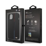 iPhone 13 Case Hülle - BMW Kunstleder mit geprägter dreifarbiger Linie und geprägtem Metall-Logo - Schwarz