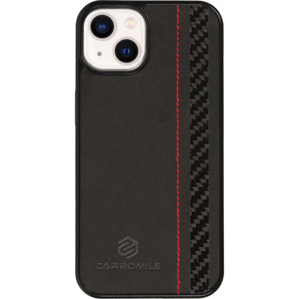 iPhone 15 Case Hülle - Carbomile Alcantara und Carbon mit roten Nähten (MagSafe kompatibel)