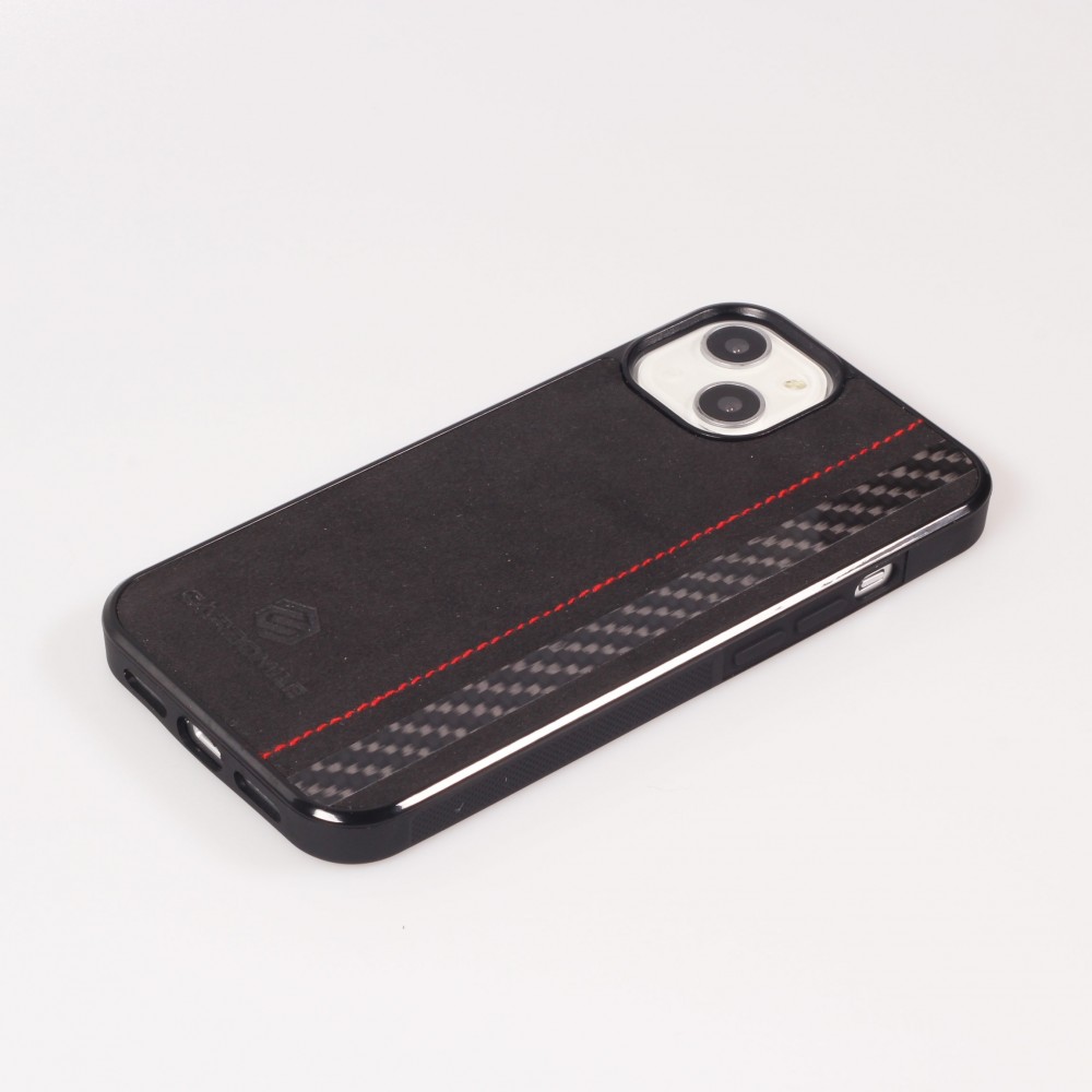 iPhone 15 Case Hülle - Carbomile Alcantara und Carbon mit roten Nähten (MagSafe kompatibel)
