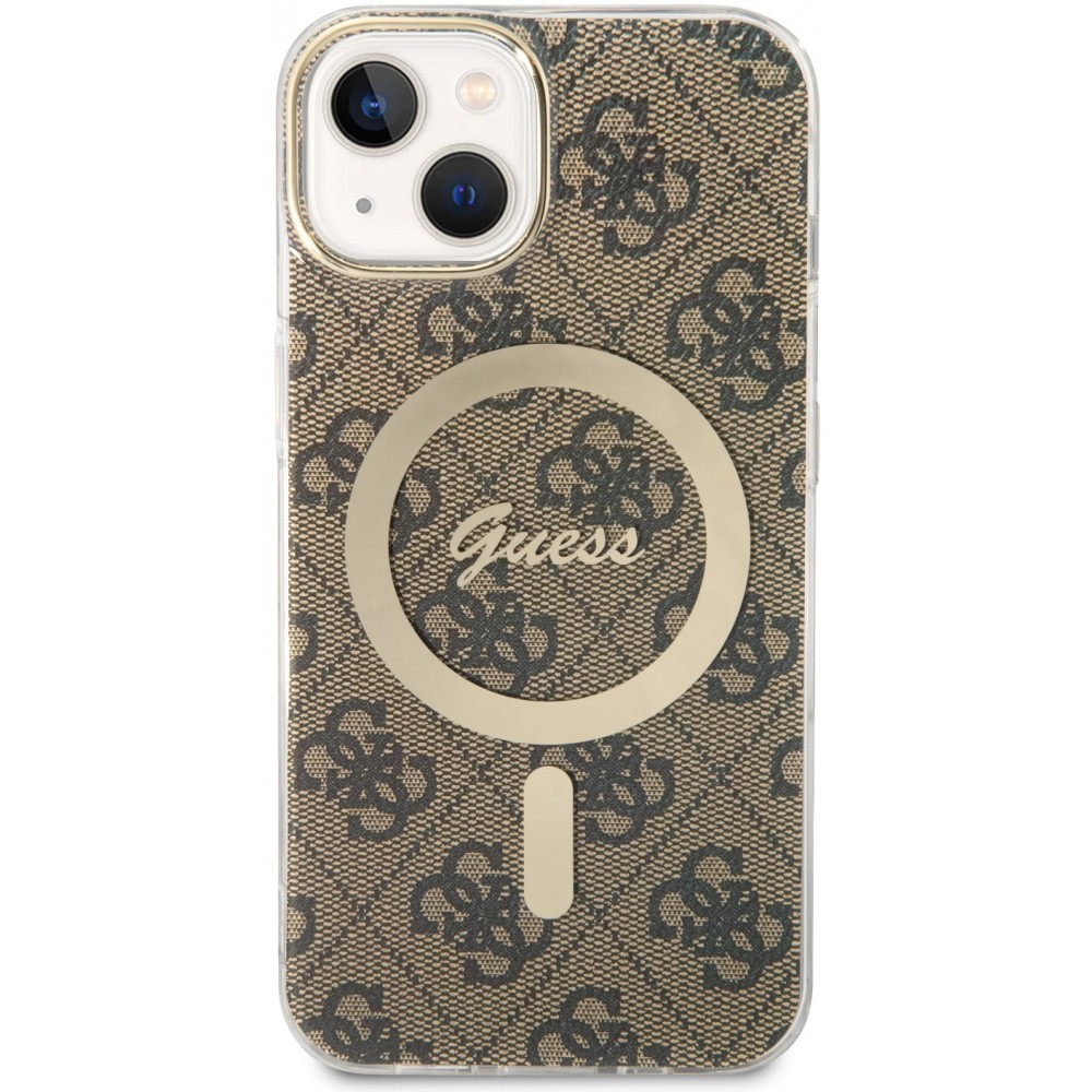 iPhone 15 Case Hülle - Guess Monogramm lackiert mit goldenem MagSafe - Braun