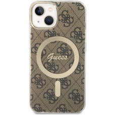 iPhone 15 Case Hülle - Guess Monogramm lackiert mit goldenem MagSafe - Braun