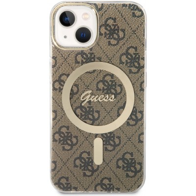 iPhone 15 Case Hülle - Guess Monogramm lackiert mit goldenem MagSafe - Braun