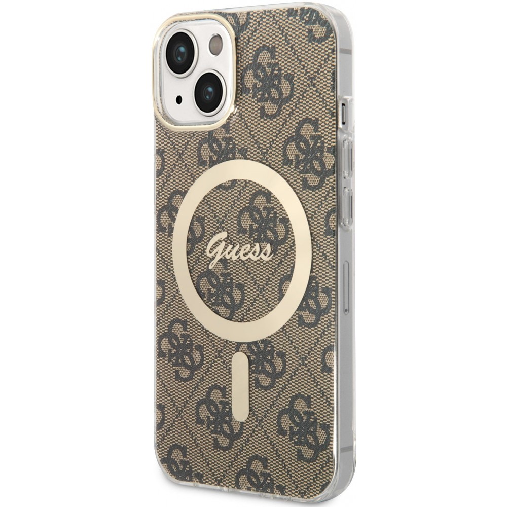 iPhone 15 Case Hülle - Guess Monogramm lackiert mit goldenem MagSafe - Braun