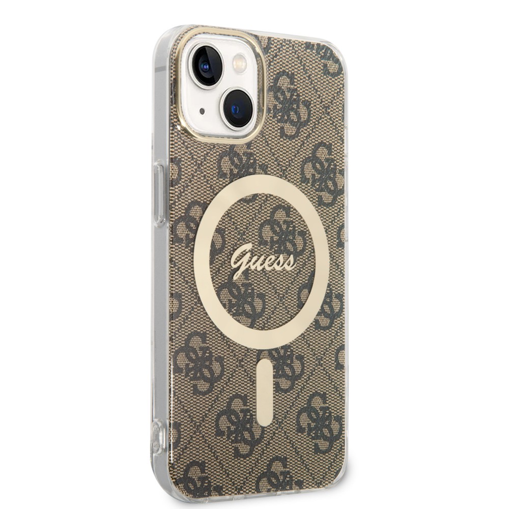 iPhone 15 Case Hülle - Guess Monogramm lackiert mit goldenem MagSafe - Braun