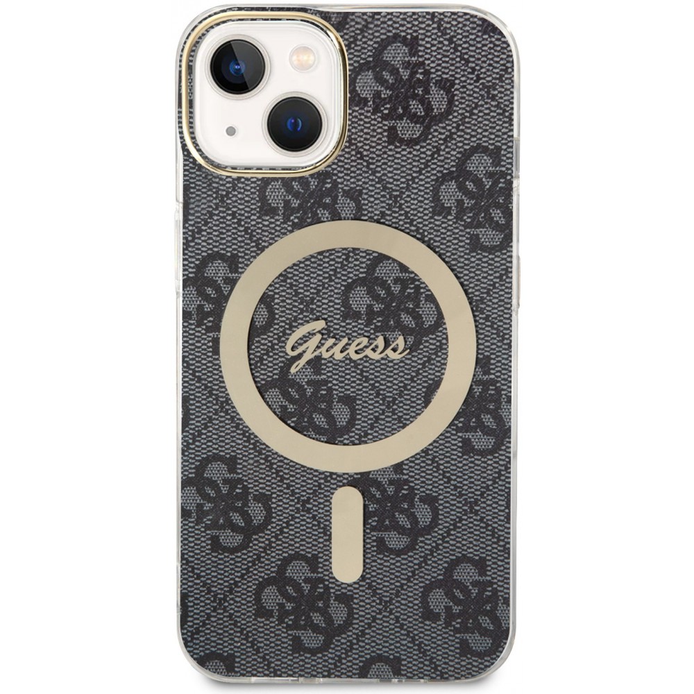 iPhone 15 Case Hülle - Guess Monogramm lackiert mit goldenem MagSafe - Grau