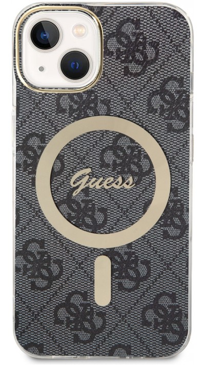 iPhone 15 Case Hülle - Guess Monogramm lackiert mit goldenem MagSafe - Grau