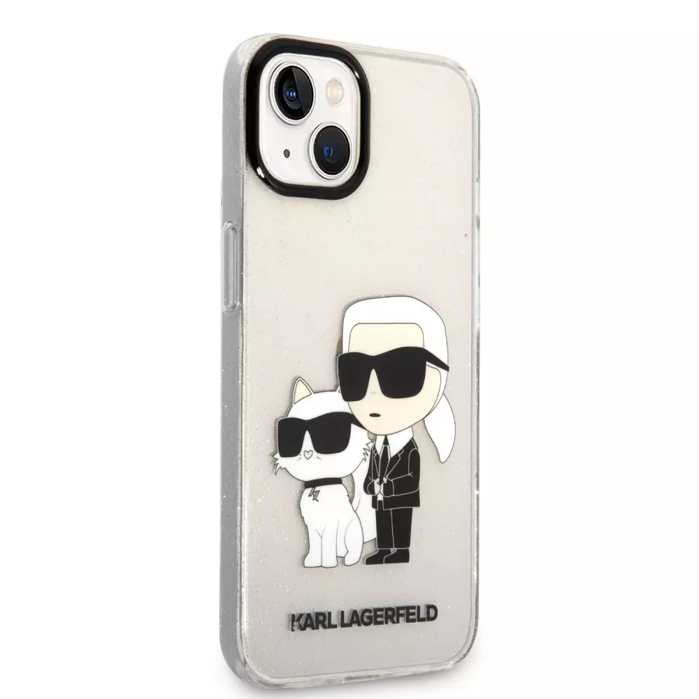Coque iPhone 13 - Karl Lagerfeld et Choupette duo gel rigide pailleté - Transparent
