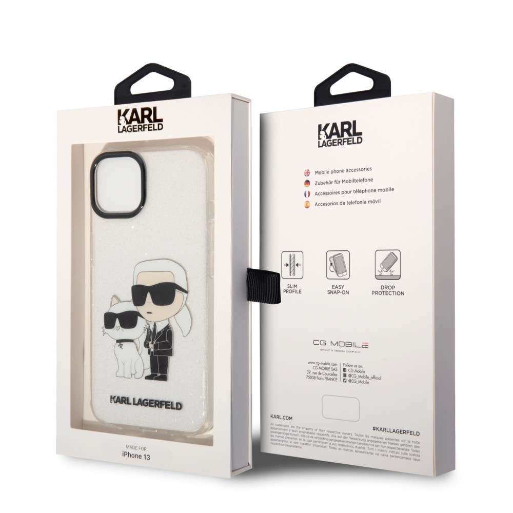 iPhone 13 Cover - Karl Lagerfeld und Choupette duo starres Glitzergel - Transparent