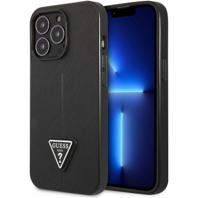 iPhone 13 Pro Case Hülle - Guess aus schwarzem Kunstleder mit Dreieckslogo aus Metall - Schwarz