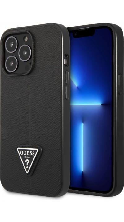 iPhone 13 Pro Case Hülle - Guess aus schwarzem Kunstleder mit Dreieckslogo aus Metall - Schwarz
