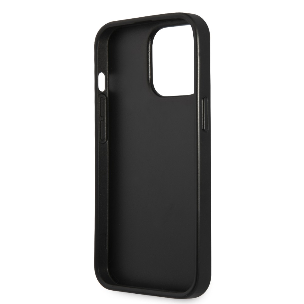 iPhone 13 Pro Case Hülle - Guess aus schwarzem Kunstleder mit Dreieckslogo aus Metall - Schwarz