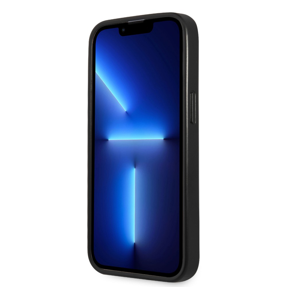 iPhone 13 Pro Case Hülle - Guess aus schwarzem Kunstleder mit Dreieckslogo aus Metall - Schwarz