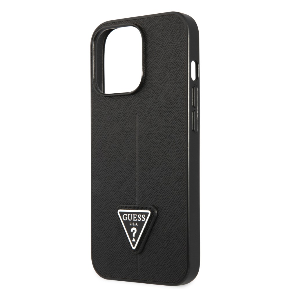 iPhone 13 Pro Case Hülle - Guess aus schwarzem Kunstleder mit Dreieckslogo aus Metall - Schwarz
