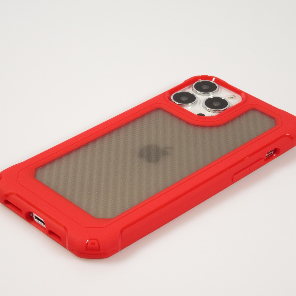 iPhone 14 Pro Max Case Hülle - Military Elite kompakt Cover mit semi-transparentem Carbon Rücken - Rot