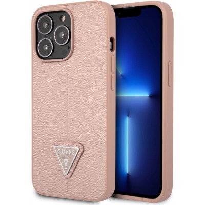 iPhone 13 Pro Case Hülle - Guess aus rosem Kunstleder mit Dreieckslogo aus Metall - Rosa