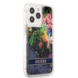 iPhone 13 Pro Case Hülle - Guess Flüssigkeit mit schwebenden blauen Pailletten und tropischen Blumen Hintergrund
