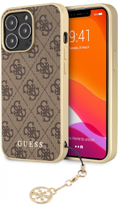 Coque iPhone 11 - Guess toile similicuir monogramme logo métallique doré avec pendentif charm - Brun / or