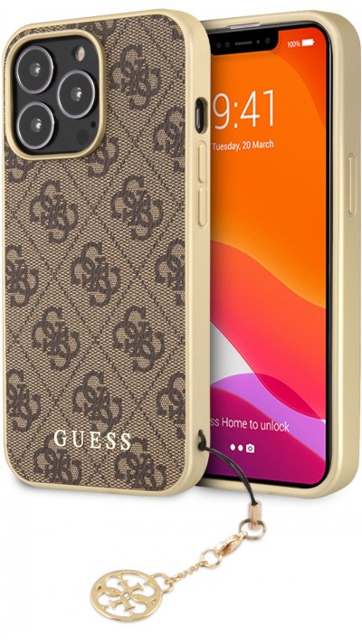 iPhone 12 / 12 Pro Case Hülle - Guess Leinwand Kunstleder Monogramm goldenen Metall-Logo mit Charm Anhänger - Braun / gold