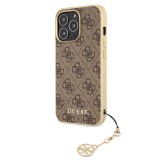 Coque iPhone 12 Pro Max - Guess toile similicuir monogramme logo métallique doré avec pendentif charm - Brun / or