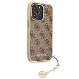 Coque iPhone 12 Pro Max - Guess toile similicuir monogramme logo métallique doré avec pendentif charm - Brun / or
