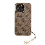 Coque iPhone 12 Pro Max - Guess toile similicuir monogramme logo métallique doré avec pendentif charm - Brun / or