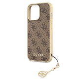 Coque iPhone 12 Pro Max - Guess toile similicuir monogramme logo métallique doré avec pendentif charm - Brun / or