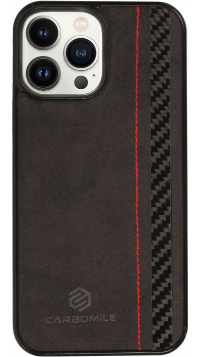 iPhone 14 Pro Case Hülle - Carbomile Alcantara und Carbon mit roten Nähten (MagSafe kompatibel)