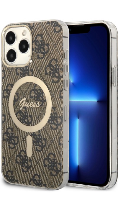 iPhone 15 Pro Case Hülle - Guess Monogramm lackiert mit goldenem MagSafe - Braun