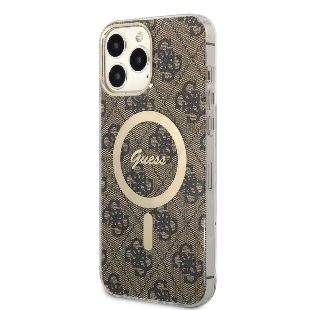 iPhone 15 Pro Max Case Hülle - Guess Monogramm lackiert mit goldenem MagSafe - Braun