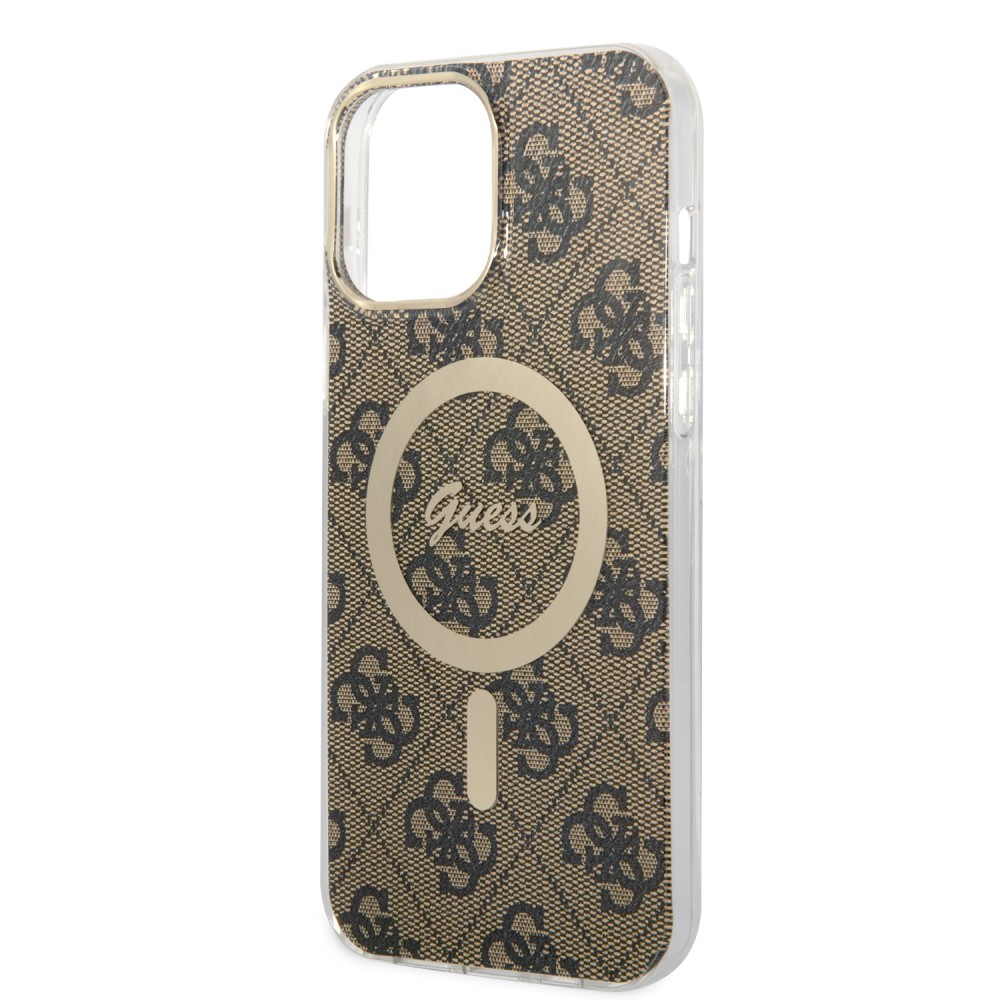 iPhone 15 Pro Max Case Hülle - Guess Monogramm lackiert mit goldenem MagSafe - Braun