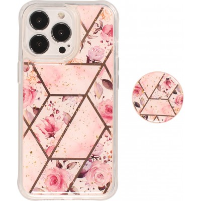 iPhone 13 Pro Case Hülle - Silikon Gel geometrische Streifen mit 3 stufigem Fingerhalter - Roses - Rosa
