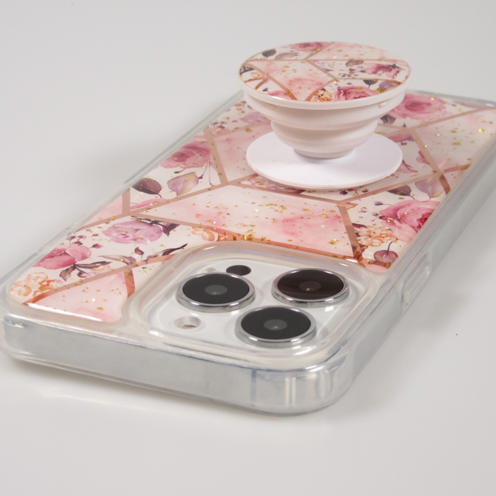 iPhone 13 Pro Case Hülle - Silikon Gel geometrische Streifen mit 3 stufigem Fingerhalter - Roses - Rosa