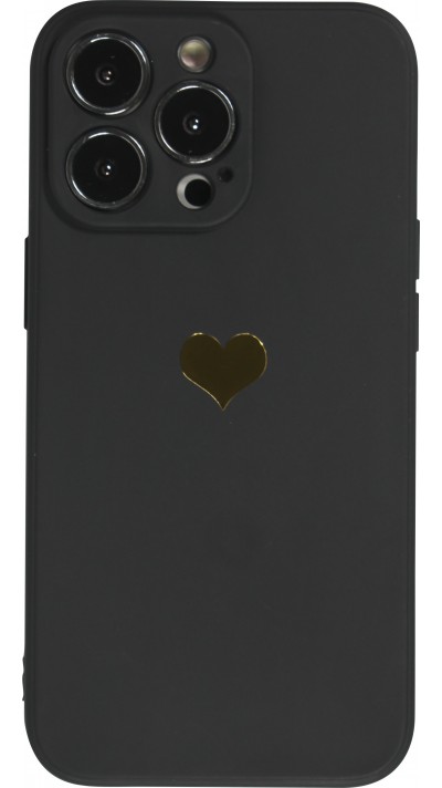 iPhone 15 Pro Case Hülle - Silikon Mat Herz gold - Schwarz