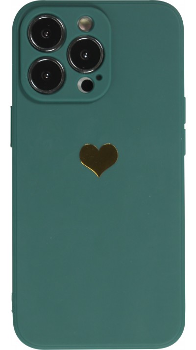 iPhone 16 Pro Max Case Hülle - Silikon Mat Herz gold - Dunkelgrün